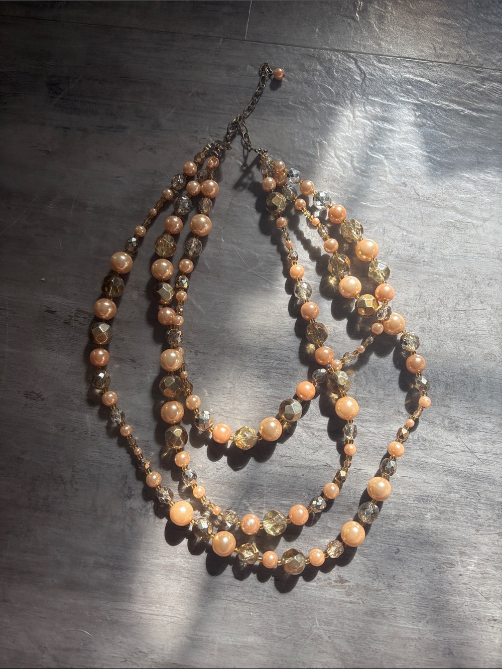 Multi-Strand Peach Pearl and Crystal Necklace - Women Jewelry